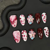 Shopmocho 10Pcs Red Handmade Nails 3D Carved White Flower Fake Nails Mid-Length Almond Shape Press on Nails Spotting Design Manicure Arts