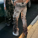 Shopmocho American Retro Leopard Print Gradient Wash Jeans Y2K Street Hip Hop Old Trousers Fashion Casual High Waist Straight Denim Pants