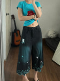 SHOPMOCHO Women High Waist Cute Cartoon Cat Embroidery Jeans Girls Vintage Y2k Clothes Calf Length Denim Pants Harajuku Blue Streetwear