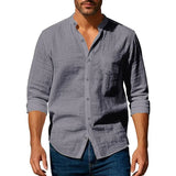 Shopmocho Chemise en coton et lin pour hommes, col Henley, couleur unie, légère, respirante, coupe cintrée, simple boutonnage, manches longues, boutonnée