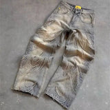 SHOPMOCHO Street Gothic Retro High Waisted Wide Leg Trousers 2025 Y2k Hip Hop Baggy Jeans Men's Street Fashion Raw Edge Embroidered Jeans