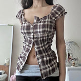 Shopmocho Rockmoer Tartan Plaid Sweet Slim Blouse for Women 2000s Summer Retro Preppy Cute Shirt Y2K Fairycore Button-up Square Collar Top