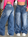 SHOPMOCHO Girl's Y2K New Five-Star Patch Trendy Straight-Leg Jeans, Elastic Waist, Comfortable Fabric, Suitable for All Seasons to Wear.