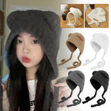 Shopmocho Winter Plush Beanies Cute Bear Ear Wool Hat Warm Lace-up Gorros Knitting Cap Women Bonnets Protection Bomber Korea Ear Knit X4L2