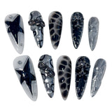 SHOPMOCHO Handmade Press on Nails Punk Cool Black Star Crocodile pattern False Nails Heavy Metal European Black Almond Fake Nail Patches
