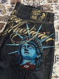 SHOPMOCHO Harajuku Y2k 2000s Women Clothing Vintage Statue of liberty Diamonds Jeans Casual Denim Pants High Waist Straight Wide Leg Jeans