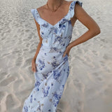SHOPMOCHO Summer Flower Printed Women's Sexy Low-cut Dress Sleeveless Backless Slim Sling Dresses 2025 Beach Vacation Lady Vestidos