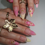Shopmocho 24Pcs Mid-length 3D Flowers Design Fingertips Sweet Butterfly Yellow Ripple Almond False Nails Detachable Full Cover Press Ons