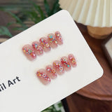 SHOPMOCHO 10Pcs Handmade Nude Color Press On Nails Sparkling Cat-Eye Cherry Star Marine Elements Sequins Cute Girlish Nail Suitable Summer