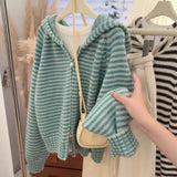 SHOPMOCHO Korean Style Green Knitted Cardigans for Women Casual Loose Knit Hooded Zipper Coats Autumn Winter Warm Sweater Jackets Tops
