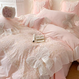 Shopmocho Three-dimensional Embroidery Aesthetic Lace Washed Cotton Quilt Cover Chiffon Soft /Breathable Bed Sheet Bedding Four Piece Set