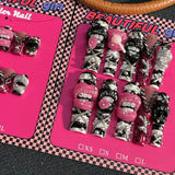 SHOPMOCHO Europe America Spice Girl Handmade Long Square Stilettos Fake Nails Metal Rivet Chain Flowers Lips Bowknot Diamond Press On Nail