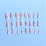 Shopmocho 24pcs Ballet Fake Nails Summer Pink White Bow Design French White Edge Flash Diamond High Saturation Full Coverage Fake Nai