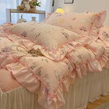 SHOPMOCHO 2/3Pc Korean Princess Style Floral Ruffles Bedding Set Single Queen Size Soft Skin-friendly Washed Cotton Duvet Cover Pillowcase