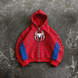SHOPMOCHO American Retro Spider Patchwork Print Hoodies Fashion Oversized Loose Full Zipper Hoodie Men Jacket Gothic Street Y2k Sweatshirt