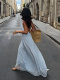 Shopmocho Casual Women's Blue Pleated Sling Long Dress Elegant Sleeveless Backless Off Shoulder Slim Fit Dresses Beach Party Women's Robe