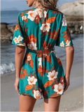 Shopmocho Printed V-neck Short Sleeve Jumpsuit Women Loose High Waisted Jumpsuit Beach Vacation Comfortable Summer Clothes