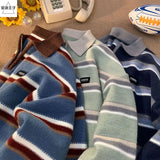 Shopmocho Korean hip-hop autumn and winter half zip polo collar striped sweater for men and women loose and trendy retro Harajuku casual