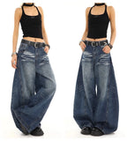 SHOPMOCHO Scimitar-cut three-dimensional wide-leg jeans for women American-style vintage Harajuku washed loose Y2K street wide-leg pants