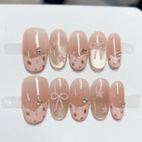 SHOPMOCHO 10pcs Purple Cat's Eye Handmade Fake Nails Tips Glitter Mid-length Oval Press on Nails Art Bow Rhinestone Design False Nail Sets