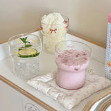 Shopmocho INS Pink Bow Glass Cups Iced Coffee Mug Clear Drinking Glasses Tumbler Milk Tea Juice Water Cup Dessert Cups Drinkware 260-380ML