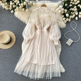Shopmocho Ladies Dress Three-dimensional Flower Hook Mesh Temperament Stand Collar Lantern Sleeve High Waist Slim Female Dresses
