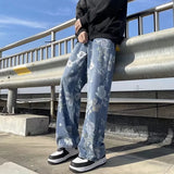 SHOPMOCHO Printed Jeans 2025 Spring Korean Style Mens New Floral Denim Pant High Street Loose Straight Couples Trousers baggy hosen herren