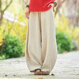 Shopmocho Cotton Linen Bloomers Wide Leg Pants Women Vintage Full Length Fashion Elegent Pants Solid Elasitic Waist Spring Autumn 5XL