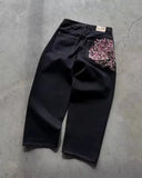 SHOPMOCHO Y2K Vintage Low Waist Hip Hop Cherry Blossom Embroidered Jeans  Wide Leg Trousers Clothes Mens Embroidered Baggy Jeans Womes