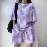 Shopmocho Women T-Shirt Shorts Suit Set Casual Tie Dye Loose tshirt and wide leg middle shorts with pockets female Soft Summer Shorts Sets