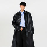 SHOPMOCHO Mens PU Trench Coat 2025 Autumn Winter Windproof Long Outerwear Jacket Fashionable Trendy Leather Coat For Men