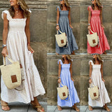 Shopmocho Elegant Plaid Slip Maxi Long Dress Summer Women Strapless Ruffle Backless Pleated Elastic Waist Boho Party Swing Loose Dresses