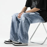 SHOPMOCHO Men's Summer Ripped Jeans Loose Straight Leg Retro Men Draw Rope Port Fashion Brand All-match Casual Pants
