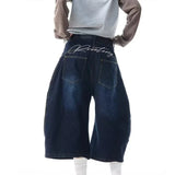 SHOPMOCHO Men's Women's 2026 Summer American Retro Embroidered Curved Denim Shorts Loose Wide Leg Capri Pants Streetwear Jeans