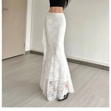 SHOPMOCHO-SylCue Lace Patchwork Skirts Women High Waist Hip-Covering Irregular Casual Fashion Creamy Sweet Style Ruched Elegant Outfits