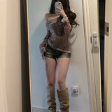 SHOPMOCHO Long sleeved T-shirt spicy girl style one shoulder women's thin mesh screen graffiti print irregular drawstring top
