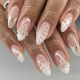 SHOPMOCHO 24pcs White Flower Fake Nail Tips Ins Yellow Pink Blush False Nails Wearable Full Cover European Almond Shaped Press on Nails