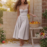 Shopmocho Summer Women Elegant Sleeveless Backless Pleated Dresses Lady Sexy Solid Sling Midi Dress 2025 Female Party Evening A-line Robes