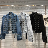 SHOPMOCHO 2026 Autumn New Fashion Metal Buckle Design Shoulder Strap Denim Short Jacket For Women High Street Coat Female 11A06995