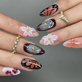SHOPMOCHO 24pcs White Flower Fake Nail Tips Ins Yellow Pink Blush False Nails Wearable Full Cover European Almond Shaped Press on Nails