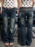 SHOPMOCHO Harajuku Streetwear Women Low Waist Flare Denim Jeans Y2K Vintage Washed Distressed Butterfly Embroidery Rivet Zipper Trousers