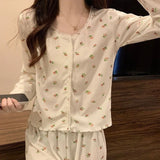 SHOPMOCHO Floral Long Sleeve Fitting Sleepwear Two-piece Set Spring Autumn Lace Trim Cotton Pajama Women Cute Casual Outable Home Suit Set