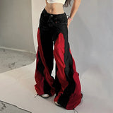 SHOPMOCHO Dark Zipper Patchwork Contrast Color Pants Streetwear Mid-Waisted Layered-Look Wide Leg Pants Women 2025 Autumn Winter Fashion