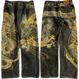 SHOPMOCHO Unisex White Red Tribal Flame Print Loose Wide Leg Jeans Y2K Grunge Streetwear Oversized Denim Pants
