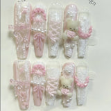 SHOPMOCHO 10PCS Cute Pink Blue Lolita French Lace Handmade Press On Nails 3D Teddy Bear Bow Pearl Fake Nails Sweet Elegant Long Nail Art