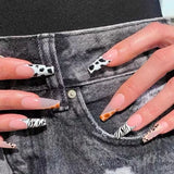 Shopmocho 24Pcs Long Coffin Leopard Print False Nails with Glue Sweet Cool Diamond Fake Nail Set Floral French Press on Wearable Nail Tips