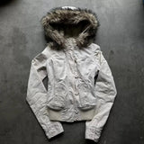 SHOPMOCHO Gothic Y2K Vintage Fur Lined Hooded Jacket Womens White Button Zipper Coat with Faux Fur Trim Fashion Casual Warm Coats