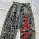 SHOPMOCHO 2025 New American Trend Retro Hip-hop Embroidery Pattern Baggy Jeans For Men And Women Y2K Harajuku Gothic Wide Pants Streetwear