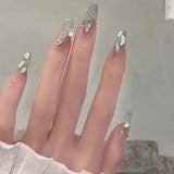Shopmocho 24Pcs Almond Pure Handmade Press On Nails Full Cover Butterfly French Pearl Diamond False Nails Wearable Manicure Nail Tips Art