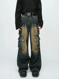 SHOPMOCHO Men Retro Mud Washed Spray Ma Liu Work Pants Neutral Baggy Wide Leg Men Jeans Street Hip Hop Multi Pocket Floor Denim Pants